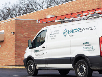 Close up view of an EMCOR Services Fagan work truck 
